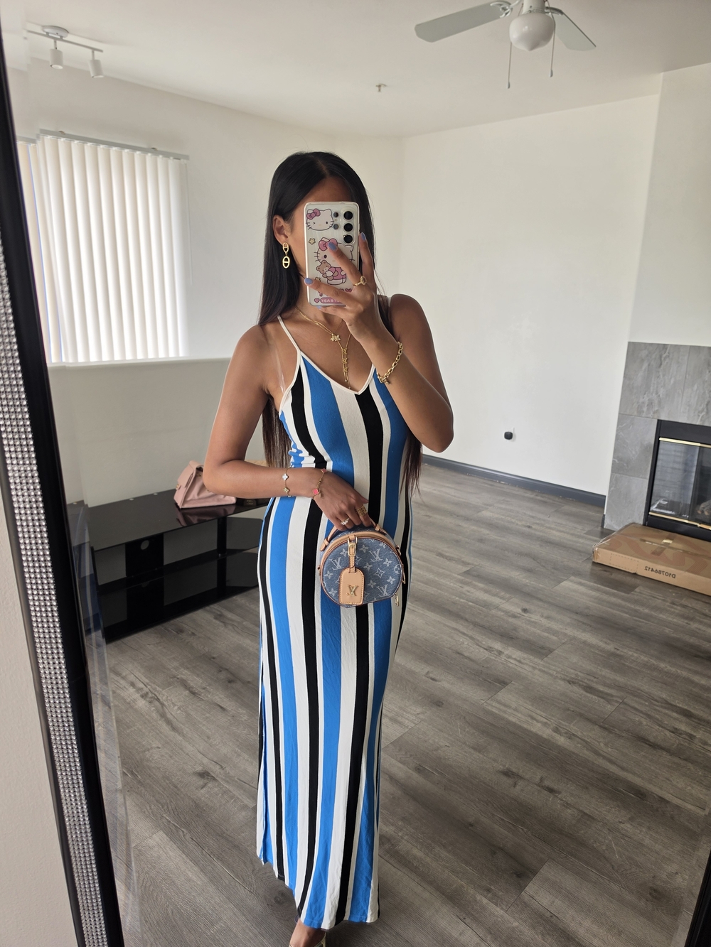Striped Blue & White Maxi Slip Dress with Side Slit - Picture 9 of 13